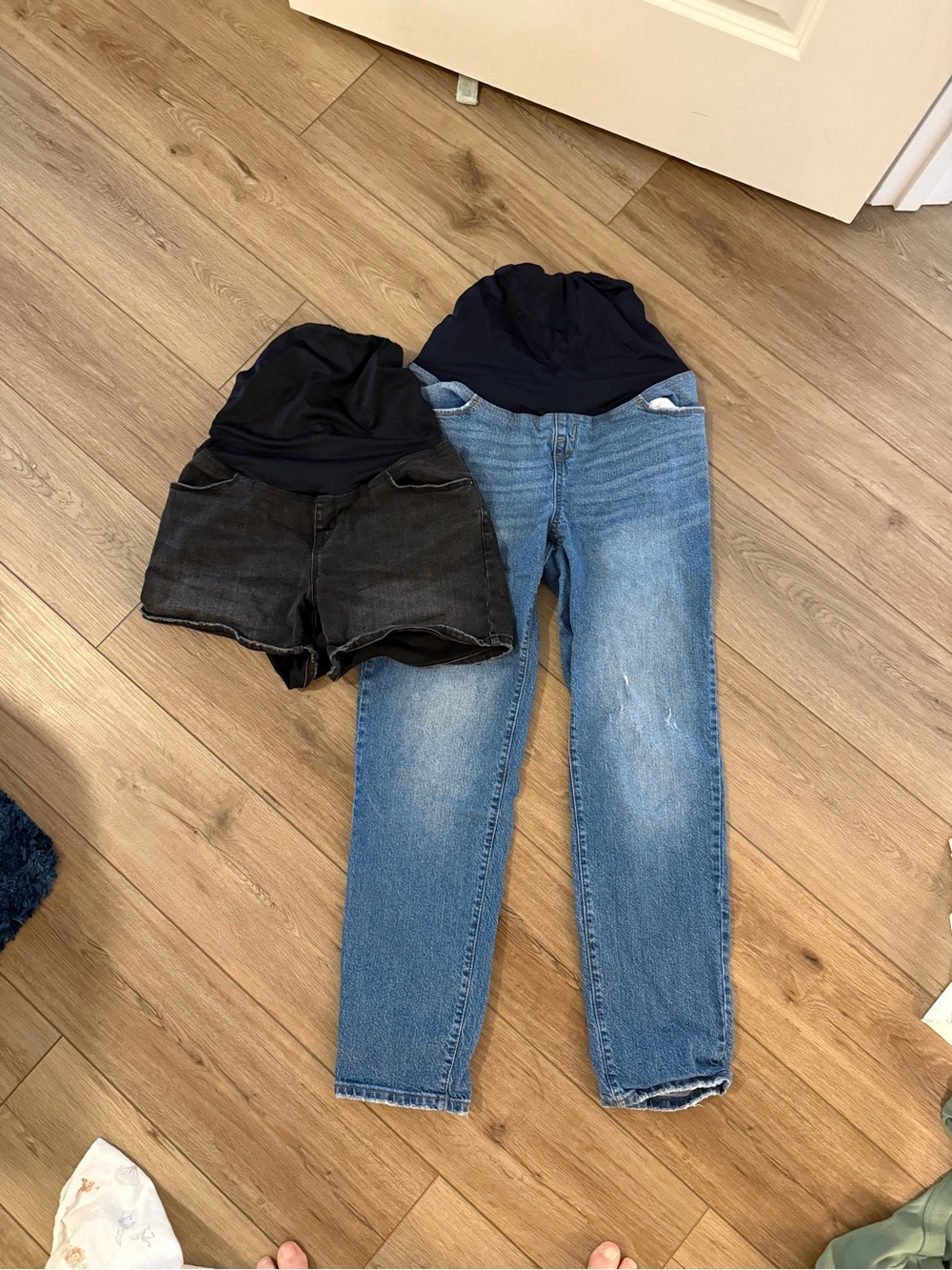 Maternity Blue Denim Jeans with Navy Waist Panel and black shorts from Target